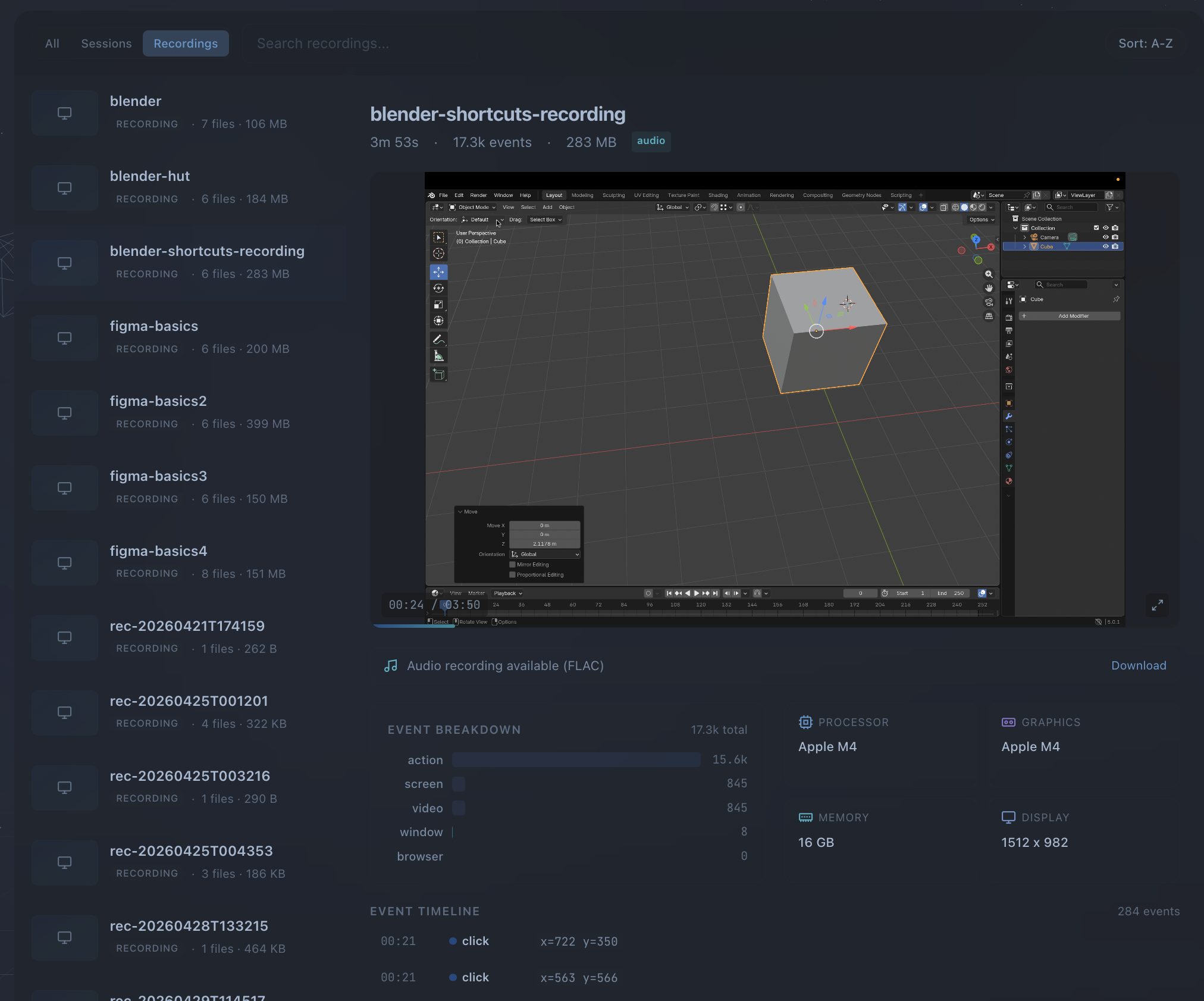 screencap.sh interface showing a labeled Blender modeling session with event breakdown and timeline